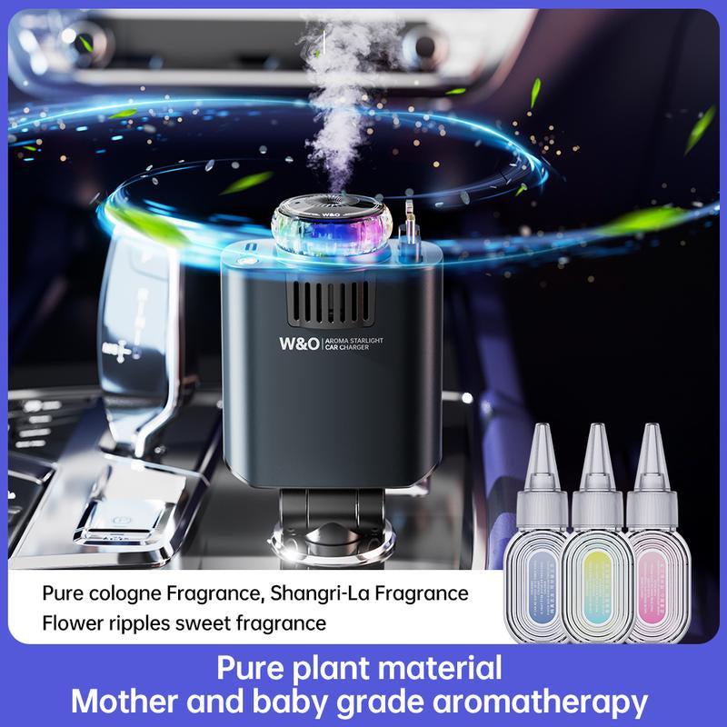 W&O 5 in 1 Starlight/Aroma Retractable Car Charger- Fast Charging Adapter with Lightning Cable, Dual Charge Ports, Aroma Feature,3*Bottles Perfume Free