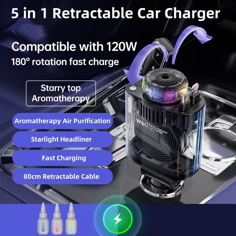 W&O 5 in 1 Starlight/Aroma Retractable Car Charger- Fast Charging Adapter with Lightning Cable, Dual Charge Ports, Aroma Feature,3*Bottles Perfume Free