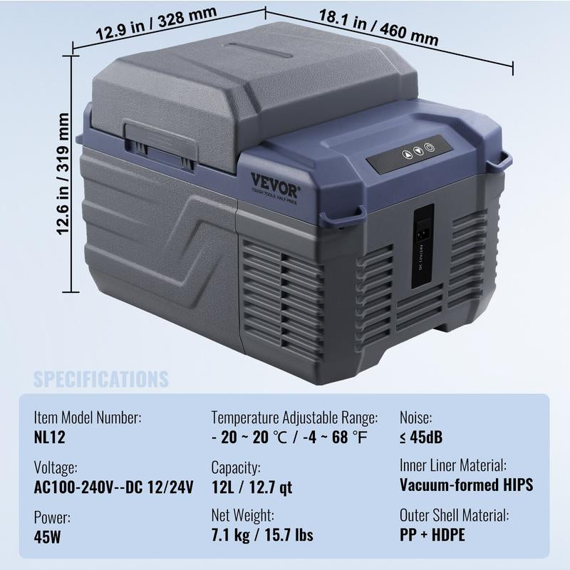 VEVOR Car Refrigerator, 12 Volt Car Refrigerator Fridge, 15 L Single Zone Portable Freezer, -4℉-68℉ Adjustable Range, 12/24V DC and 100-240V AC Compressor Cooler for Outdoor, Camping, RV
