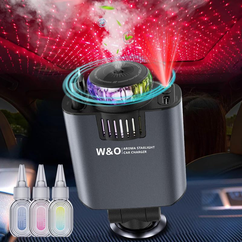 W&O 5 in 1 Starlight/Aroma Retractable Car Charger- Fast Charging Adapter with Lightning Cable, Dual Charge Ports, Aroma Feature,3*Bottles Perfume Free