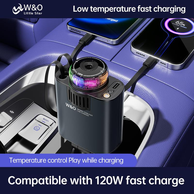 W&O 5 in 1 Starlight/Aroma Retractable Car Charger- Fast Charging Adapter with Lightning Cable, Dual Charge Ports, Aroma Feature,3*Bottles Perfume Free