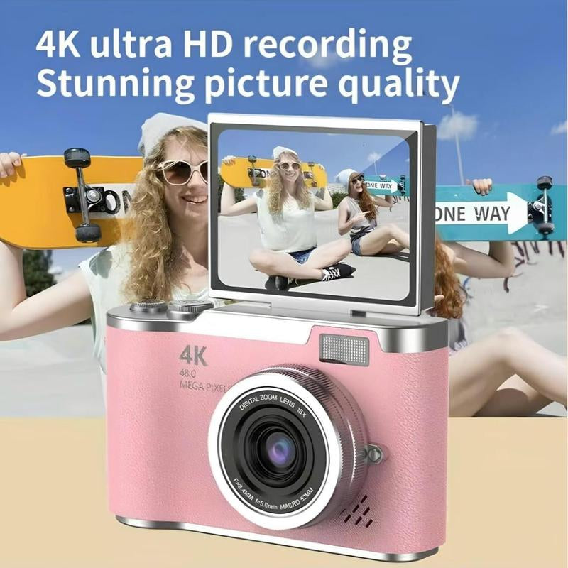 4K Foldable Screen Student Camera, 1 Count Retro CCD Card Machine, Entry-Level Digital Camera, 1080P High Built-In Games & Filter Functions Camera, Mother'S Day Gifts, Video Pink