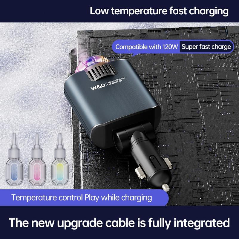 W&O 5 in 1 Starlight/Aroma Retractable Car Charger- Fast Charging Adapter with Lightning Cable, Dual Charge Ports, Aroma Feature,3*Bottles Perfume Free
