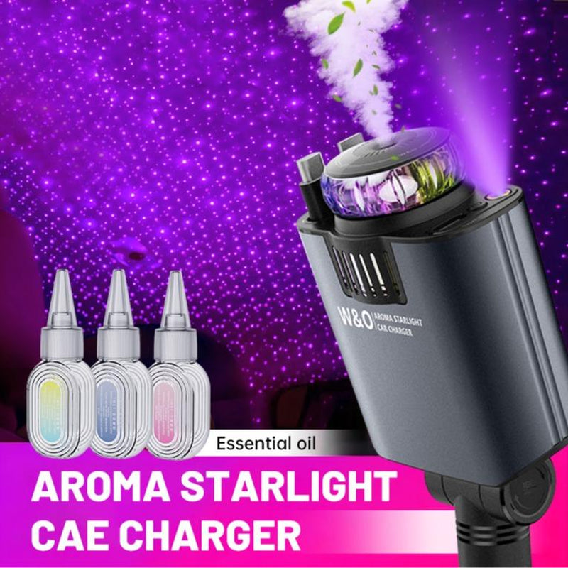 W&O 5 in 1 Starlight/Aroma Retractable Car Charger- Fast Charging Adapter with Lightning Cable, Dual Charge Ports, Aroma Feature,3*Bottles Perfume Free