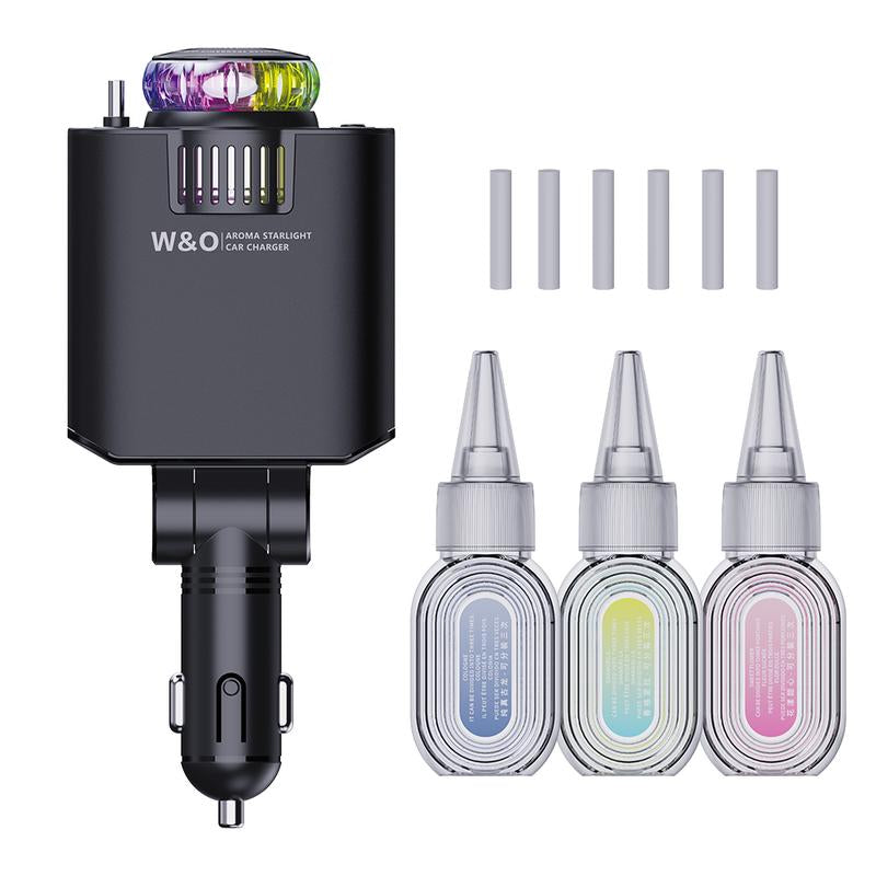 W&O 5 in 1 Starlight/Aroma Retractable Car Charger- Fast Charging Adapter with Lightning Cable, Dual Charge Ports, Aroma Feature,3*Bottles Perfume Free
