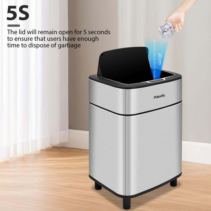 Pukomc Motion Sensor Trash Can 2.7 Gallon (10L) Stainless Steel with Black Lid Touchless Operation, Automatic Dustbin, Space-Saving Bin for Kitchen/Bathroom/Office, Easy Clean, Hands-Free Motion Induction