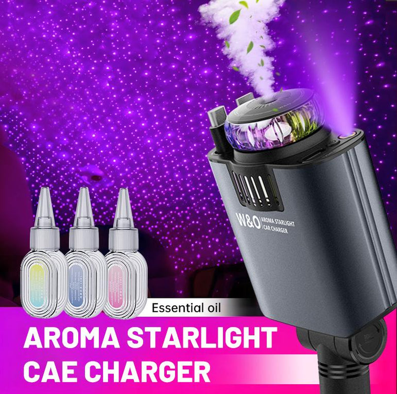 W&O 5 in 1 Starlight/Aroma Retractable Car Charger- Fast Charging Adapter with Lightning Cable, Dual Charge Ports, Aroma Feature,3*Bottles Perfume Free