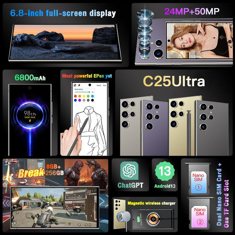Unlocked Cell Phone, Android 13 Smartphone, 8GB+256GB, 6800Mah Battery, 24MP+50MP Camera Mobile Phone, 6.8'' Screen Cell Phone,5G Phone, Built in Pen, Dual SIM Cellphone