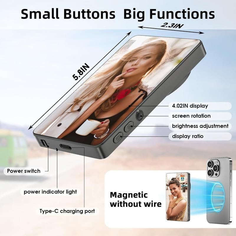 Phone Vlog Selfie Monitor Screen, Magnetic Mount, 1080P Wireless Recording, Using Phone Rear Camera for Selfie Vlog, Live Streaming, Tiktok, Compatible with Iphone/Android