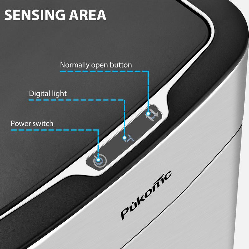 Pukomc Motion Sensor Trash Can 2.7 Gallon (10L) Stainless Steel with Black Lid Touchless Operation, Automatic Dustbin, Space-Saving Bin for Kitchen/Bathroom/Office, Easy Clean, Hands-Free Motion Induction