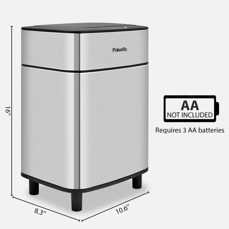 Pukomc Motion Sensor Trash Can 2.7 Gallon (10L) Stainless Steel with Black Lid Touchless Operation, Automatic Dustbin, Space-Saving Bin for Kitchen/Bathroom/Office, Easy Clean, Hands-Free Motion Induction