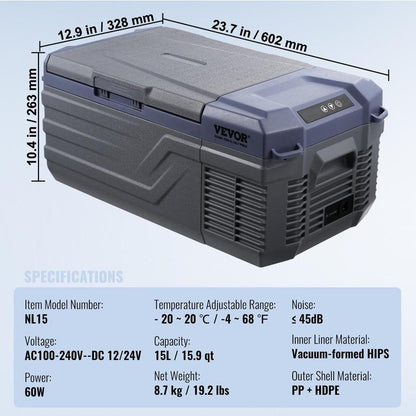 VEVOR Car Refrigerator, 12 Volt Car Refrigerator Fridge, 15 L Single Zone Portable Freezer, -4℉-68℉ Adjustable Range, 12/24V DC and 100-240V AC Compressor Cooler for Outdoor, Camping, RV
