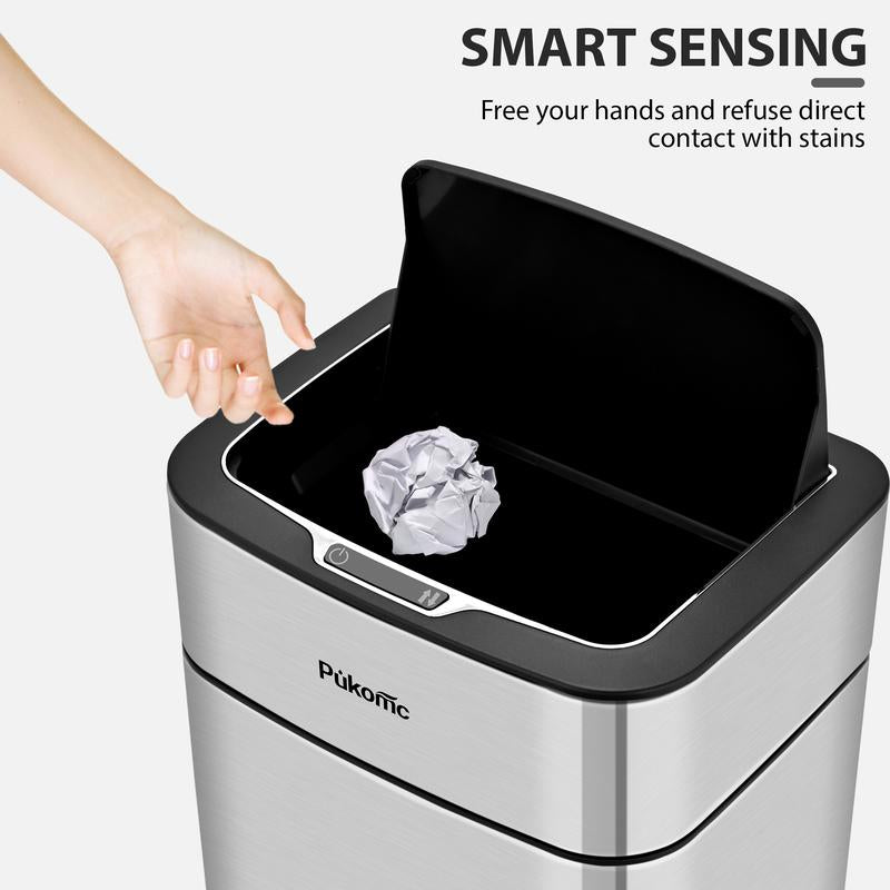 Pukomc Motion Sensor Trash Can 2.7 Gallon (10L) Stainless Steel with Black Lid Touchless Operation, Automatic Dustbin, Space-Saving Bin for Kitchen/Bathroom/Office, Easy Clean, Hands-Free Motion Induction