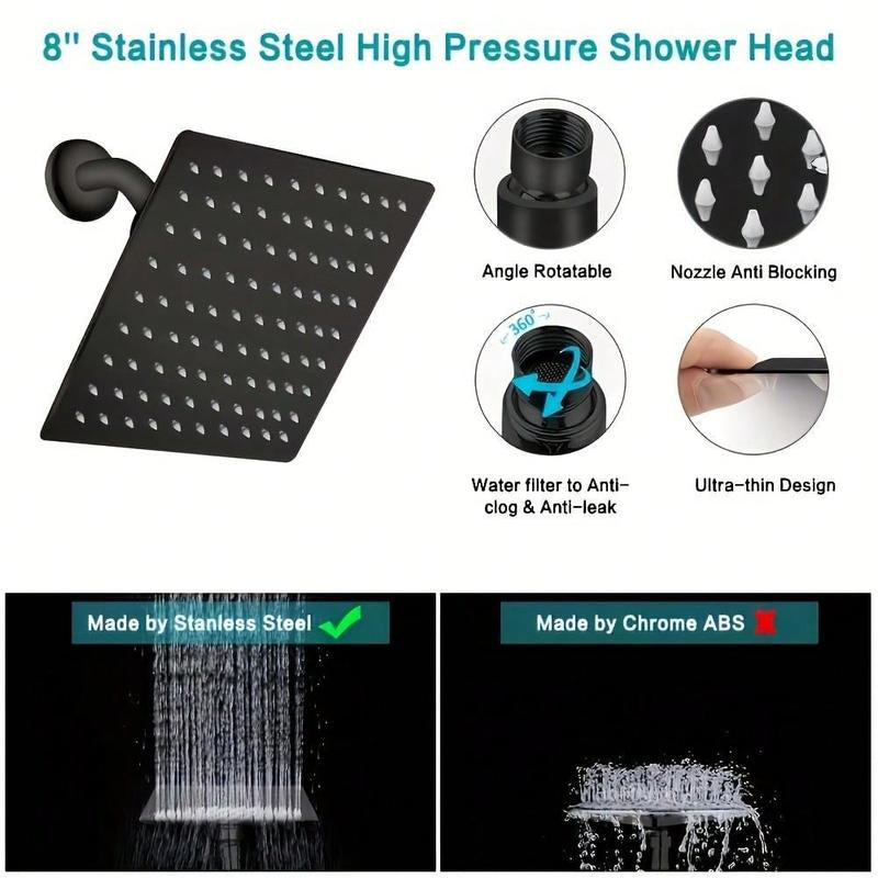 8-Inch High-Pressure Square Shower Head and 2-In-1 Manual Shower. Equipped with 60-Inch Hose, 3-Way Diverter Valve, Sticky Shower Head Bracket Head Set