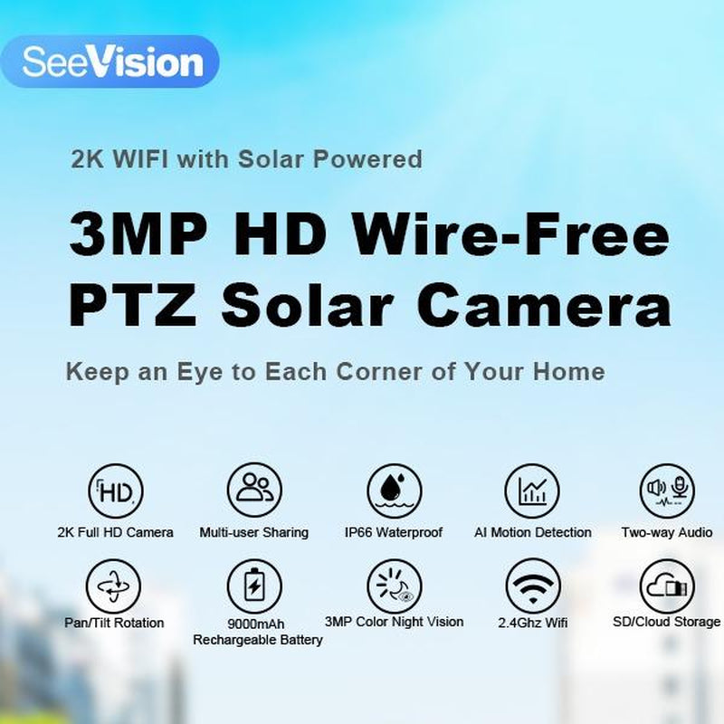 Seevision Solar Wireless Wifi Security Outdoor Camera for Home with Spotlight, PIR Motion Detection, Color Night Vision, and Two-Way Talk