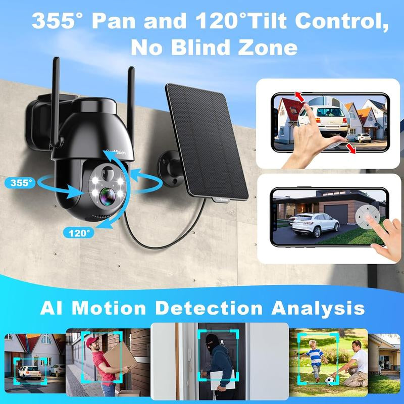Seevision Solar Wireless Wifi Security Outdoor Camera for Home with Spotlight, PIR Motion Detection, Color Night Vision, and Two-Way Talk