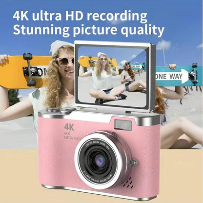 4K Foldable Screen Student Camera, 1 Count Retro CCD Card Machine, Entry-Level Digital Camera, 1080P High Built-In Games & Filter Functions Camera, Mother'S Day Gifts, Video Pink