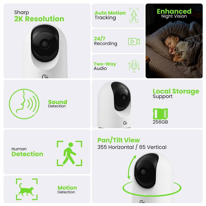Gearit Wifi Indoor Camera with Pan/Tilt for Baby & Pet - 2K Video, 2-Way Audio, Motion Tracker