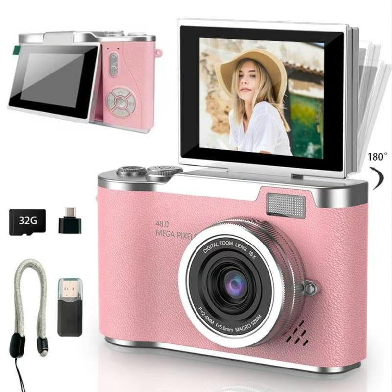 4K Foldable Screen Student Camera, 1 Count Retro CCD Card Machine, Entry-Level Digital Camera, 1080P High Built-In Games & Filter Functions Camera, Mother'S Day Gifts, Video Pink