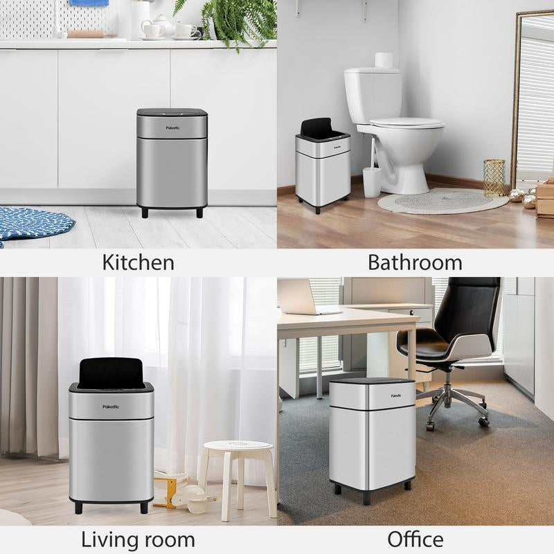 Pukomc Motion Sensor Trash Can 2.7 Gallon (10L) Stainless Steel with Black Lid Touchless Operation, Automatic Dustbin, Space-Saving Bin for Kitchen/Bathroom/Office, Easy Clean, Hands-Free Motion Induction