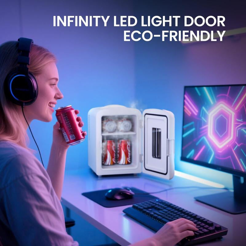 Cowsar Mini Fridge, 4L/6Can Portable Small Refrigerator with Gaming Light, AC/DC, Compact Fridges for Skincare, Food, Drinks, White