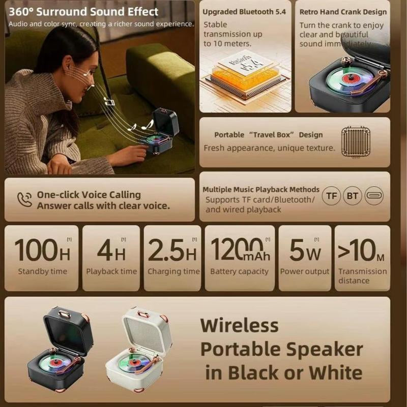 Portable Wireless Speaker, Mini Stereo Speaker with Nostalgic Classic Recording Function, Wireless Speaker with RGB Light for Party, Travel, and Home Use, Audio
