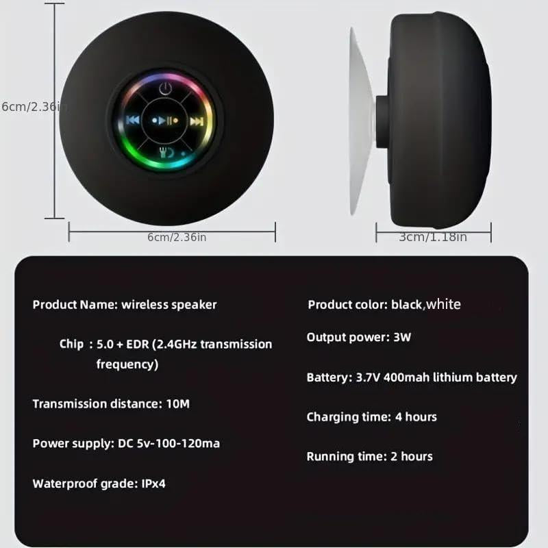 Mini Bluetooth Shower Speaker with LED Light, Portable IPX4 Waterproof, Hands-Free Speakerphone. Rechargeable Using Micro USB, Wireless Stereo for Beach, Shower & Home