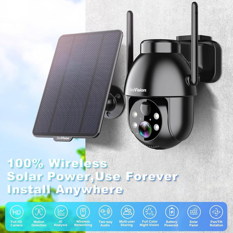 Seevision Solar Wireless Wifi Security Outdoor Camera for Home with Spotlight, PIR Motion Detection, Color Night Vision, and Two-Way Talk