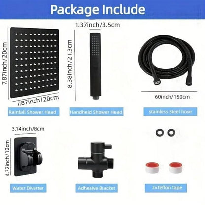 8-Inch High-Pressure Square Shower Head and 2-In-1 Manual Shower. Equipped with 60-Inch Hose, 3-Way Diverter Valve, Sticky Shower Head Bracket Head Set