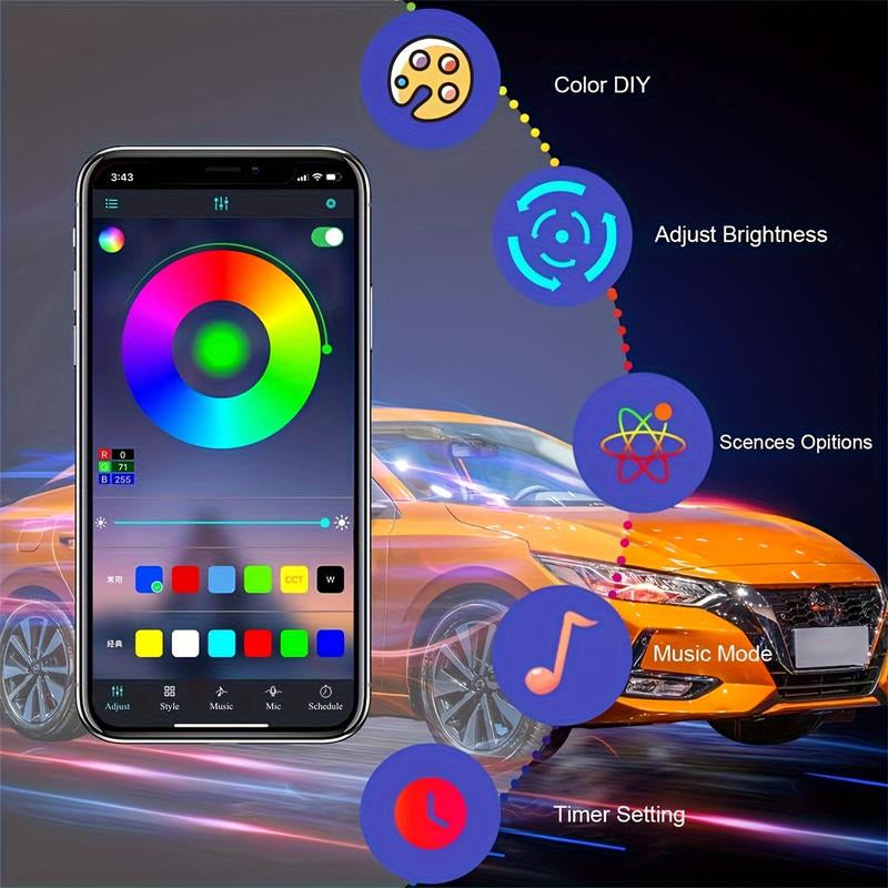 Neon Car Interior LED Strip Lights - 5 Meter - with App Control and Music Sync Rhythm for Dashboard, Door, and Console