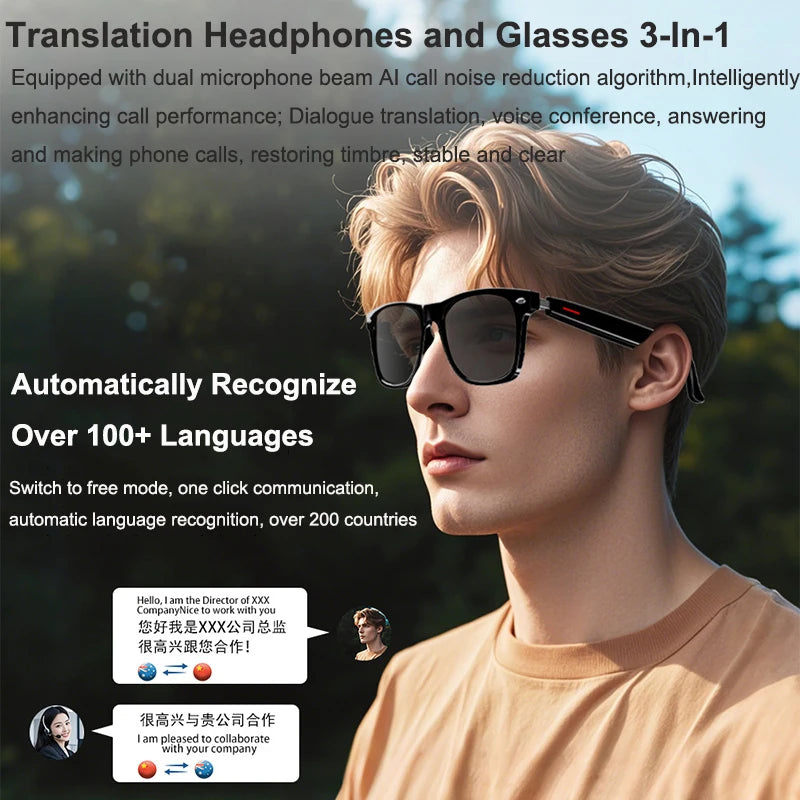 Smart AI Translation Glasses 100+ Languages Real-Time Translation Bluetooth Sunglasses Earphones Voice Assistant Call Music