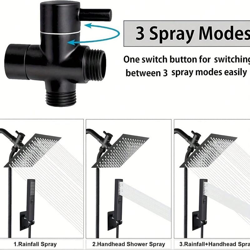 8-Inch High-Pressure Square Shower Head and 2-In-1 Manual Shower. Equipped with 60-Inch Hose, 3-Way Diverter Valve, Sticky Shower Head Bracket Head Set