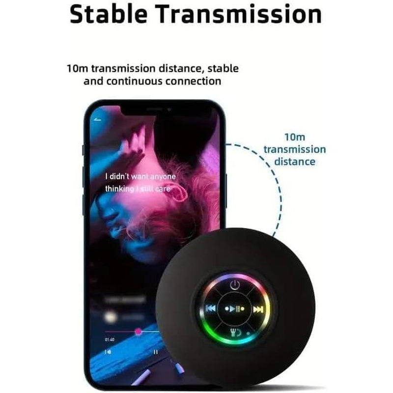 Mini Bluetooth Shower Speaker with LED Light, Portable IPX4 Waterproof, Hands-Free Speakerphone. Rechargeable Using Micro USB, Wireless Stereo for Beach, Shower & Home