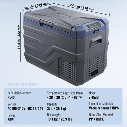 VEVOR Car Refrigerator, 12 Volt Car Refrigerator Fridge, 15 L Single Zone Portable Freezer, -4℉-68℉ Adjustable Range, 12/24V DC and 100-240V AC Compressor Cooler for Outdoor, Camping, RV