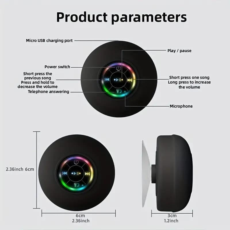 Mini Bluetooth Shower Speaker with LED Light, Portable IPX4 Waterproof, Hands-Free Speakerphone. Rechargeable Using Micro USB, Wireless Stereo for Beach, Shower & Home