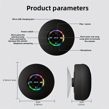 Mini Bluetooth Shower Speaker with LED Light, Portable IPX4 Waterproof, Hands-Free Speakerphone. Rechargeable Using Micro USB, Wireless Stereo for Beach, Shower & Home