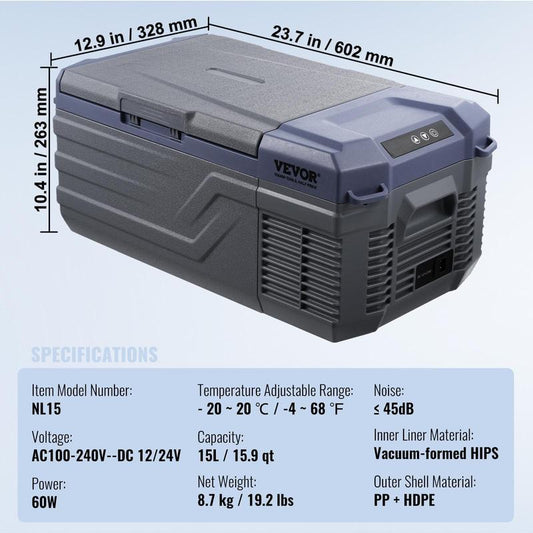VEVOR Car Refrigerator, 12 Volt Car Refrigerator Fridge, 15 L Single Zone Portable Freezer, -4℉-68℉ Adjustable Range, 12/24V DC and 100-240V AC Compressor Cooler for Outdoor, Camping, RV
