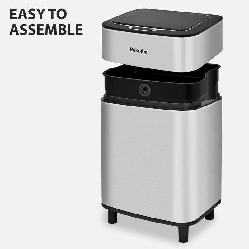 Pukomc Motion Sensor Trash Can 2.7 Gallon (10L) Stainless Steel with Black Lid Touchless Operation, Automatic Dustbin, Space-Saving Bin for Kitchen/Bathroom/Office, Easy Clean, Hands-Free Motion Induction