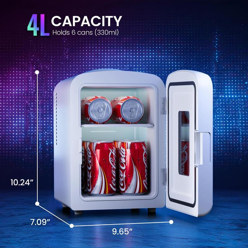 Cowsar Mini Fridge, 4L/6Can Portable Small Refrigerator with Gaming Light, AC/DC, Compact Fridges for Skincare, Food, Drinks, White
