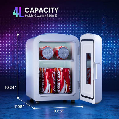 Cowsar Mini Fridge, 4L/6Can Portable Small Refrigerator with Gaming Light, AC/DC, Compact Fridges for Skincare, Food, Drinks, White